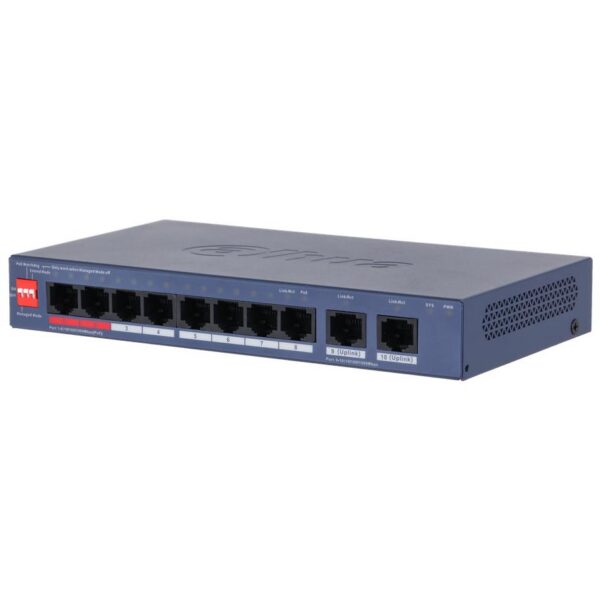 Switch|DAHUA|DH-CS4010-8ET2GT-110|Switch layer L2|8xRJ-45 ports|RJ-45 Ports Type Fast Ethernet (10/100)|2xGigabit Ethernet (copper) ports quantity|8xPower over Ethernet (PoE) ports quantity|Total Power over Ethernet (PoE) budget 110 W|CS4010-8ET2GT-110