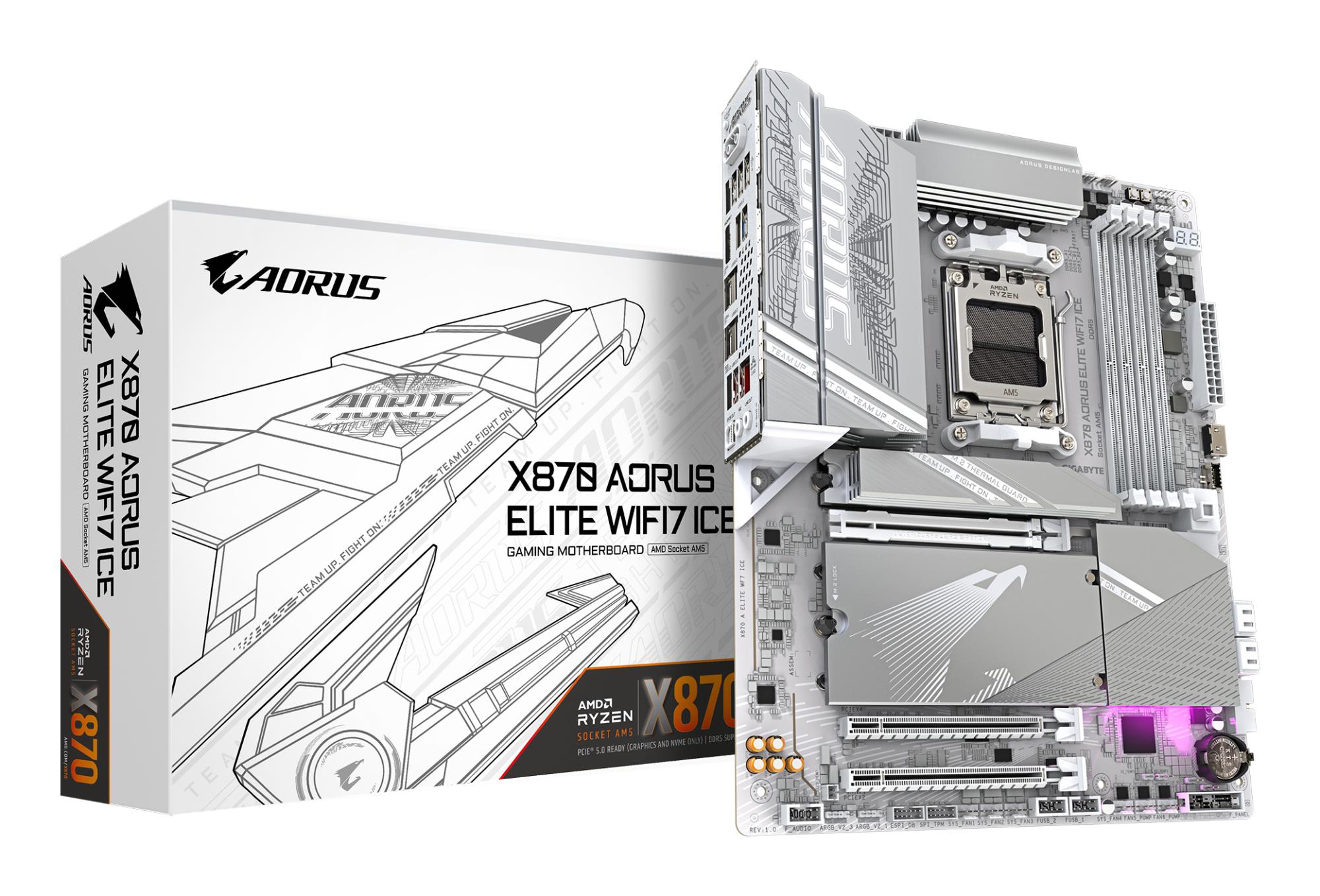 Mainboard|GIGABYTE|AMD X870|Socket AM5|ATX|RAM DDR5-SDRAM|4xSlots|On-board graphics card Yes|Wi-Fi Yes|Bluetooth Yes|4xNumber of M.2 (M) slots|X870 AORUS ELITE WIFI7 ICE|X870AELITEWF7ICE1.1