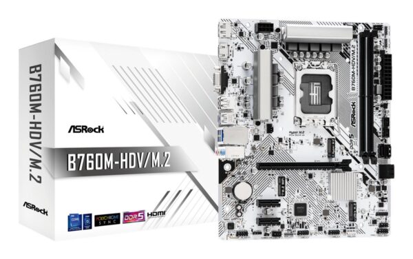 Mainboard|ASROCK|Intel B760 Express|LGA1700|Micro-ATX|Memory DDR5|Memory slots 2|2xPCI-Express 3.0 1x|1xPCI-Express 4.0 16x|1xM.2|1x15pin D-sub|1xHDMI|1xDisplayPort|1xAV-In|1xAV-out|1xMicrophone|2xUSB 2.0|3xUSB 3.2|1xUSB-C|1xRJ45|B760M-HDV/M.2